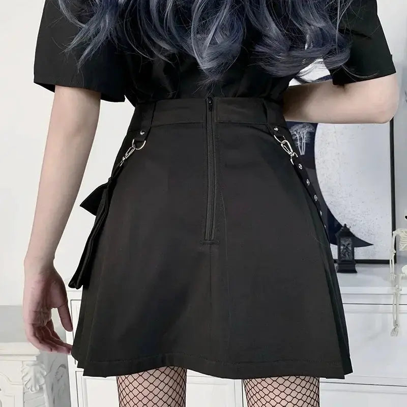 Harajuku punk gothic black high-waist mini skirt with patchwork panels and silver hardware, back zipper