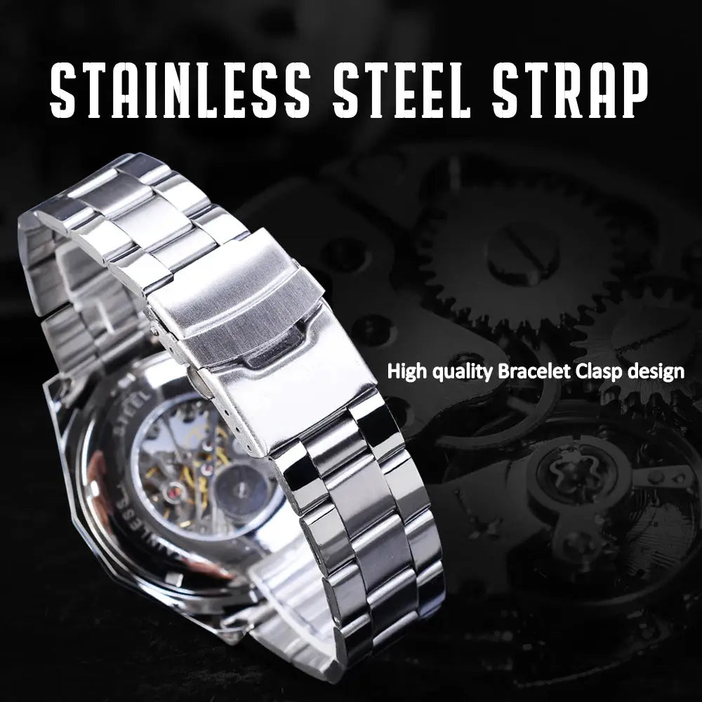 Men's skeleton watch with stainless steel bracelet and luminous hands