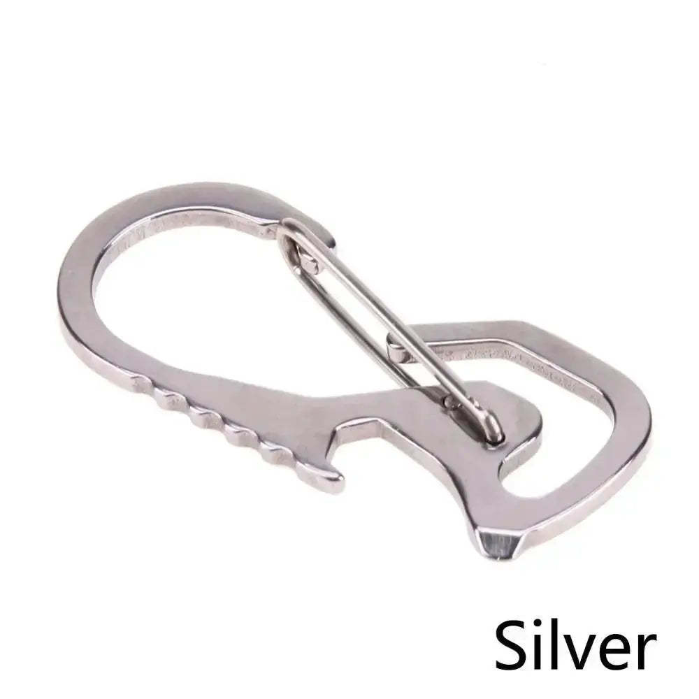 Stainless steel bottle opener carabiner keychain in silver with integrated hex driver