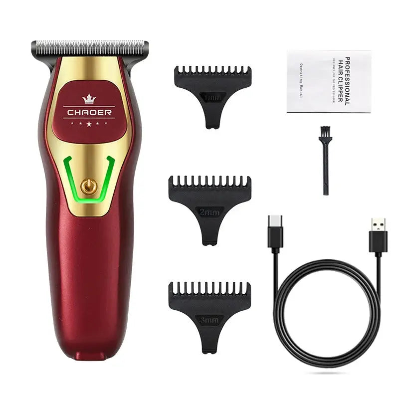 Chaoer cordless red hair clipper with gold faceplate; includes 3 guide combs, USB-C cable, brush, oil.