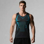 Men's compression vest with black fabric and teal panel design, gym undershirt