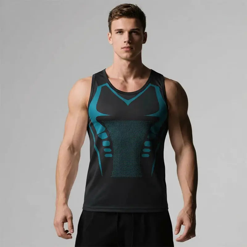 Men's compression vest with black fabric and teal panel design, gym undershirt