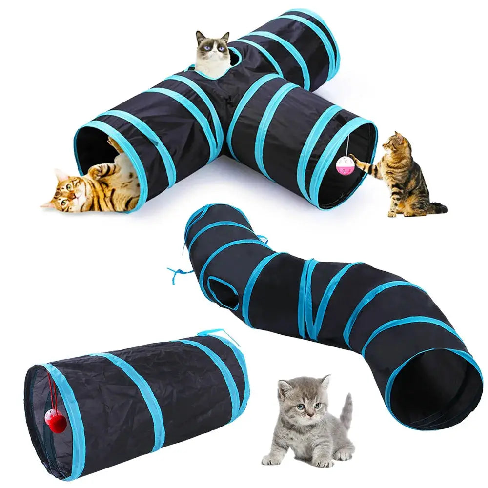 Cat tunnel by Simples Market, 4-piece foldable black tunnel with blue rings for indoor cats.