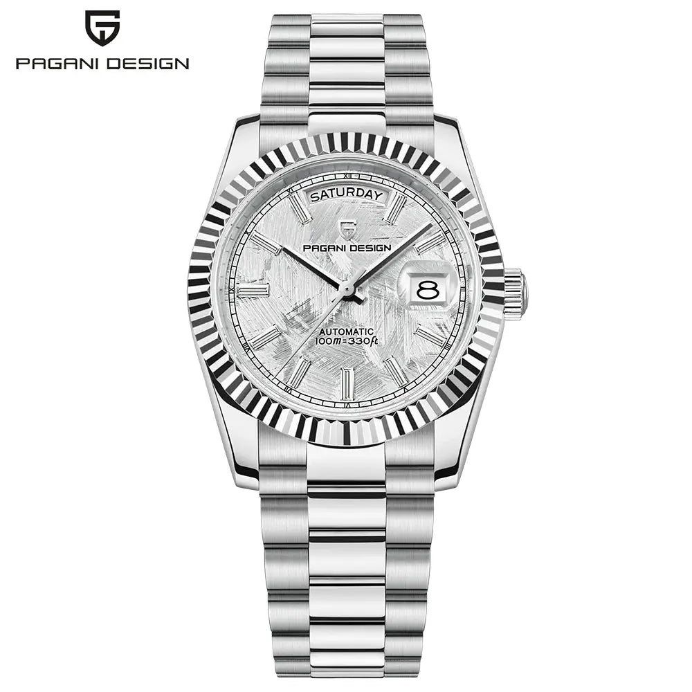 Pagani Design men's 36mm stainless steel automatic watch with day-date double calendar and silver dial