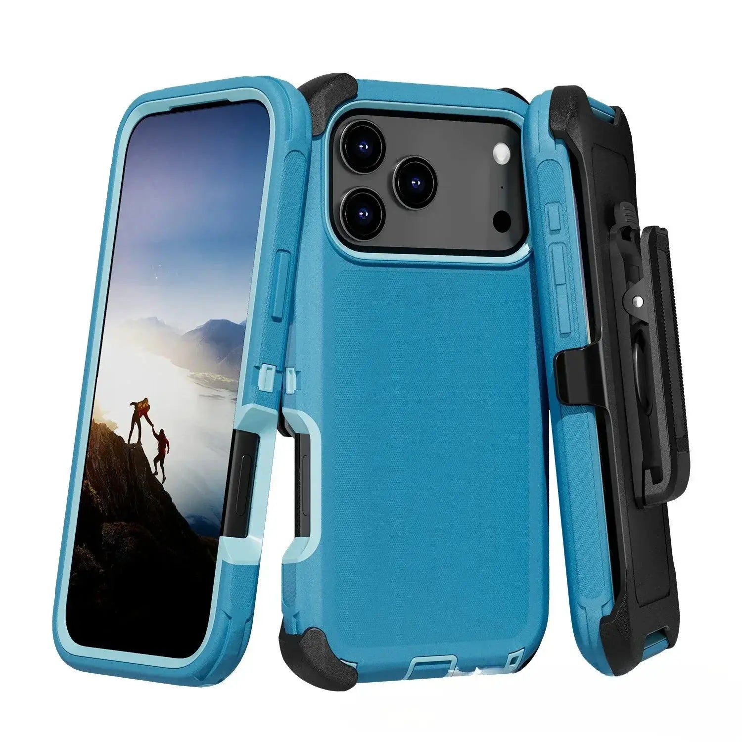 Rugged iPhone case with belt clip in blue two-tone, shockproof armor shell for iPhone 17/16/15/14 Plus 13 Pro Max