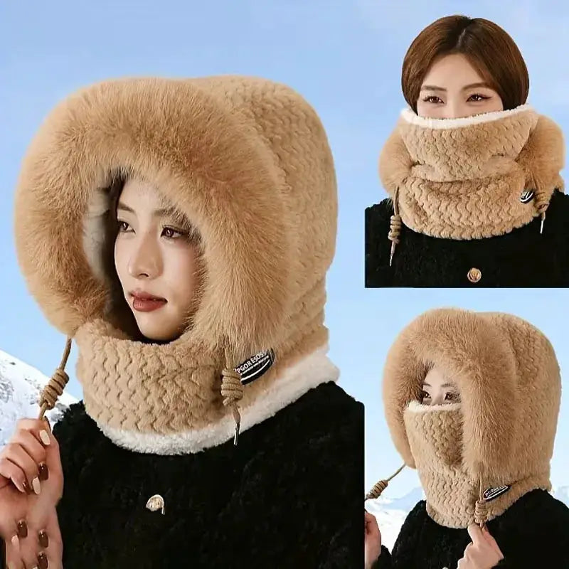 ArcticGuard Thermal Plush Hat Hood Scarf Mask Women Windproof Thick Design Outdoor Riding Gear