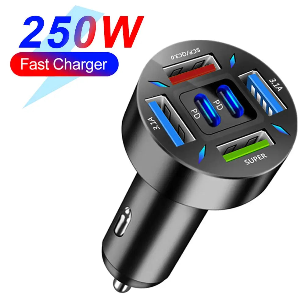 2 To 6 Ports Car Charger With USB A And USB C PD QC3 Fast Charging For iPhone Samsung Huawei Xiaomi
