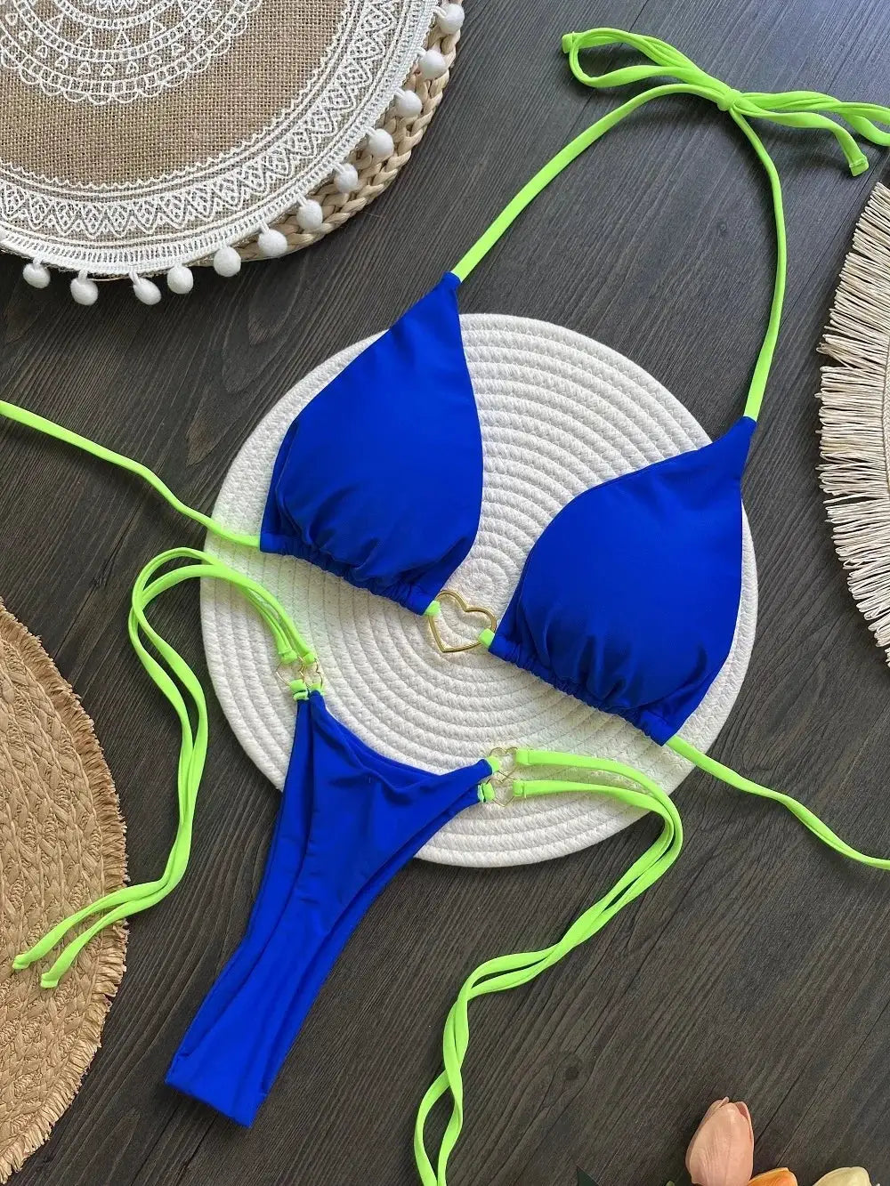 Sexy Halter Bikini Set Solid Color Low Waist Two Piece Swimsuit Triangle Top Thong Bottom Brazilian Biquinis