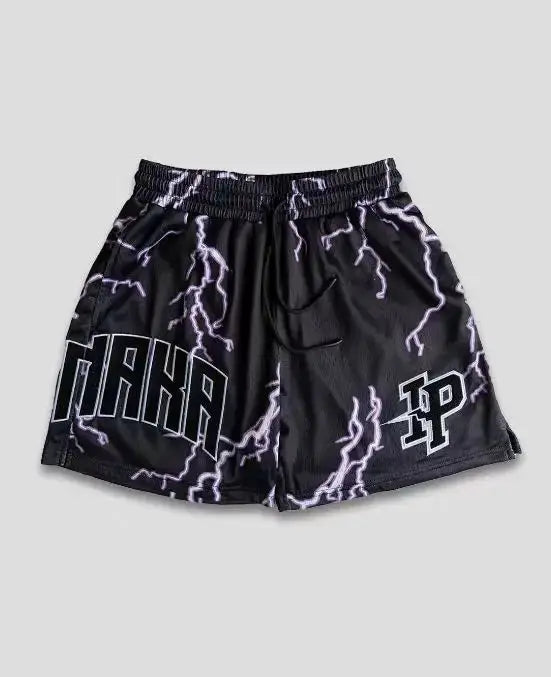 Men's shorts in black with purple lightning print and white IP logo, elastic waistband.