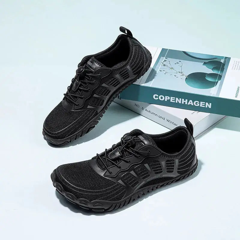 HOBIBEAR barefoot shoes, black breathable mesh sneakers with elastic bands, pair