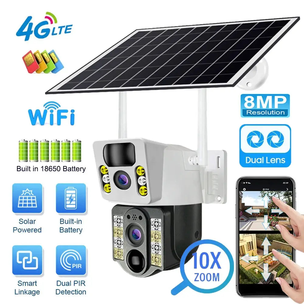 Simples Market 8MP 4K solar wireless camera with dual lens, built-in battery, solar panel, 4G LTE + WiFi
