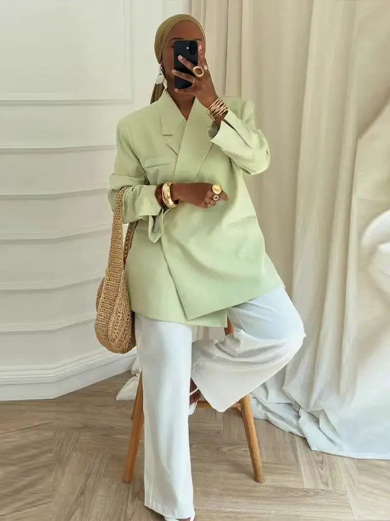 Ladies loose sage-green blazer suit with white bottoms, Simples Market casual turn-down collar one-button coat