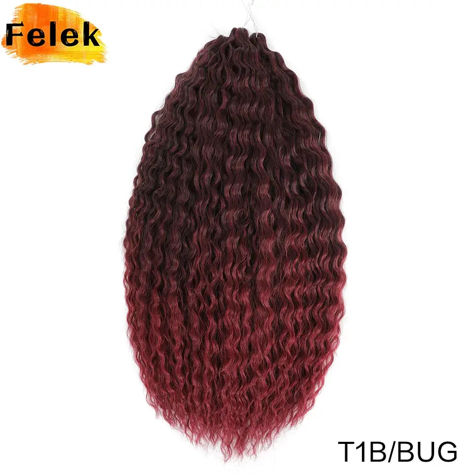 Ariel Curls crochet hair extension in burgundy-pink ombre, synthetic water-wave Afro curls (T1B/BUG); Felek logo visible
