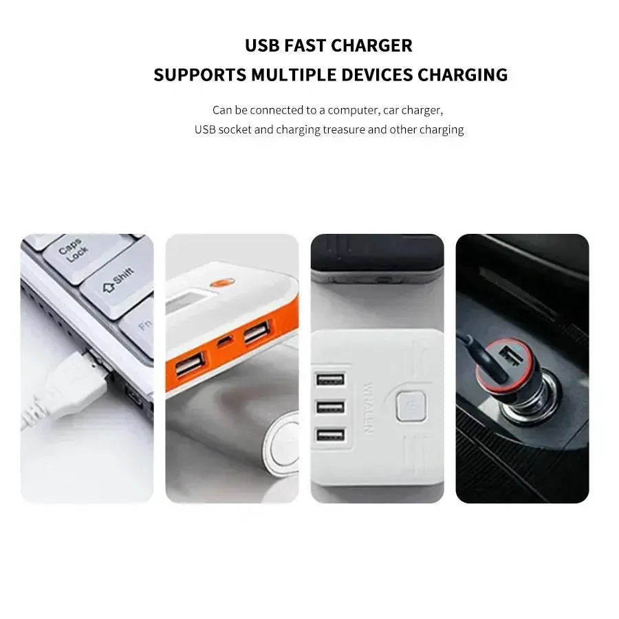 USB fast charger collage with multiple USB ports; white and orange devices