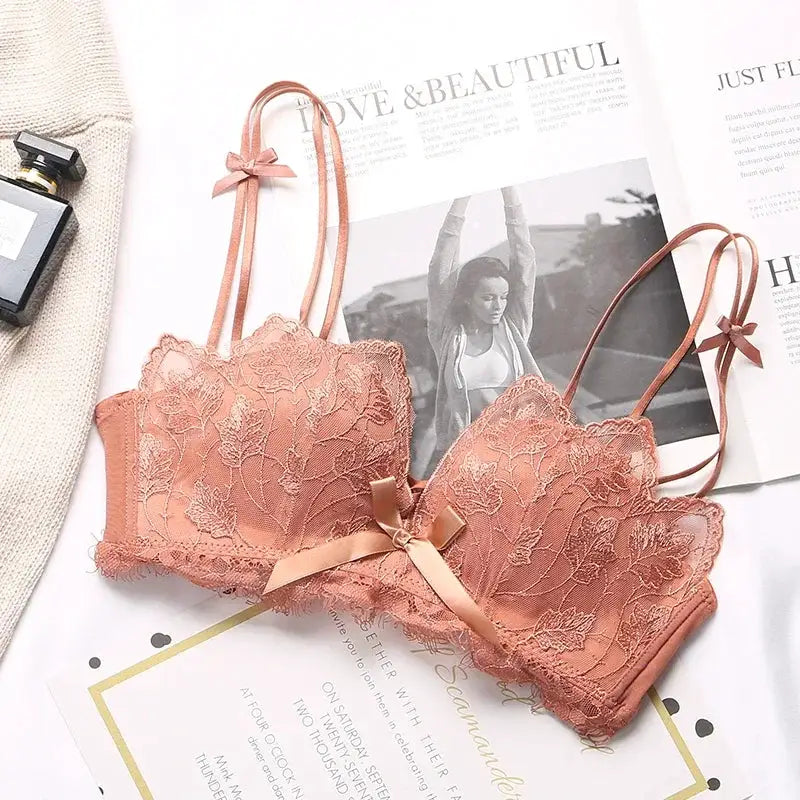 2 peach lace floral embroidery bralettes, wireless, adjustable straps with satin bow at center