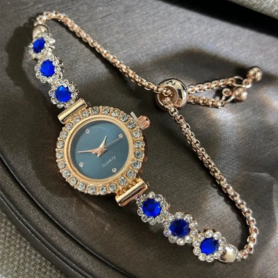 Women's watch by Simples Market with rhinestone bezel and blue gemstone bracelet, quartz movement