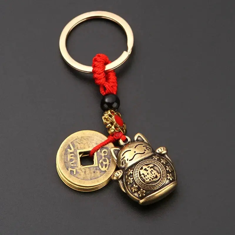 Vintage Handmade Lucky Cat Keychain With Five Emperors Coins Feng Shui Copper Alloy Gold Tone