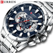 Curren 8363 casual sport chronograph wristwatch with stainless steel band, blue dial, luminous hands