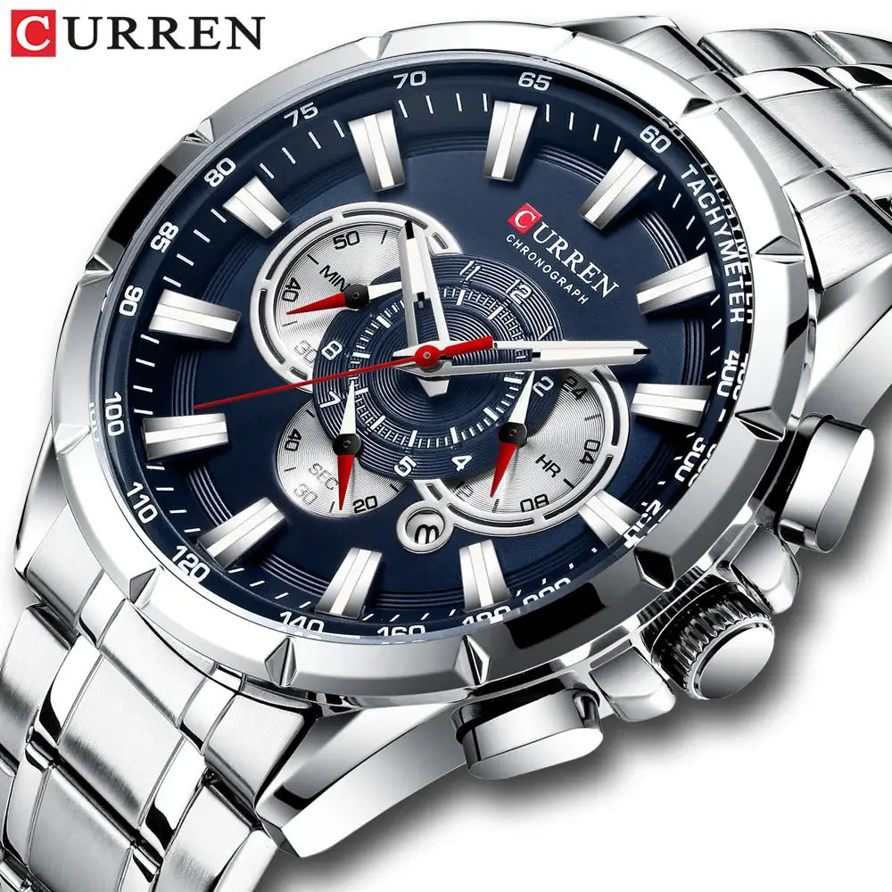 Curren 8363 casual sport chronograph wristwatch with stainless steel band, blue dial, luminous hands