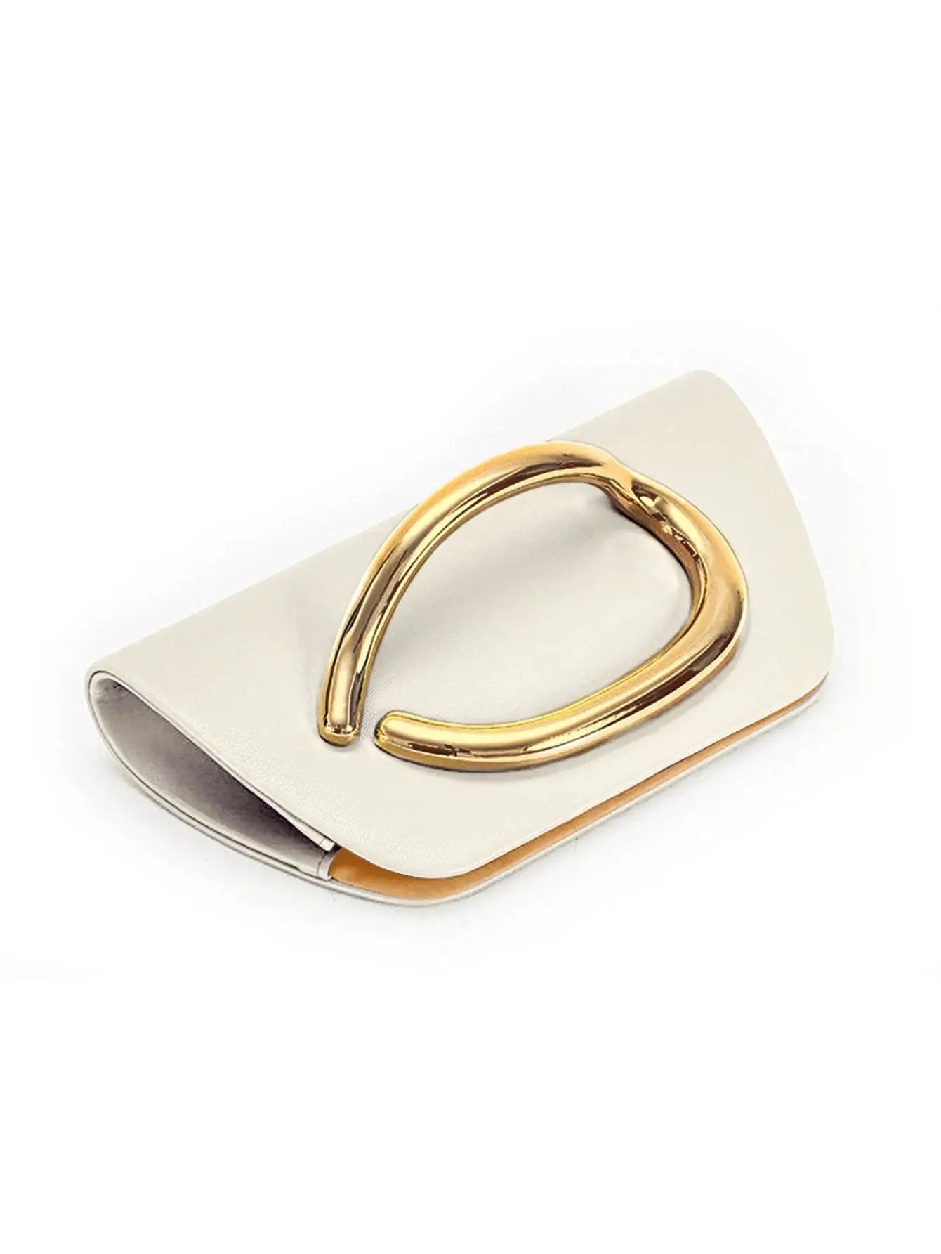 White box clutch with large gold-tone buckle for evening events