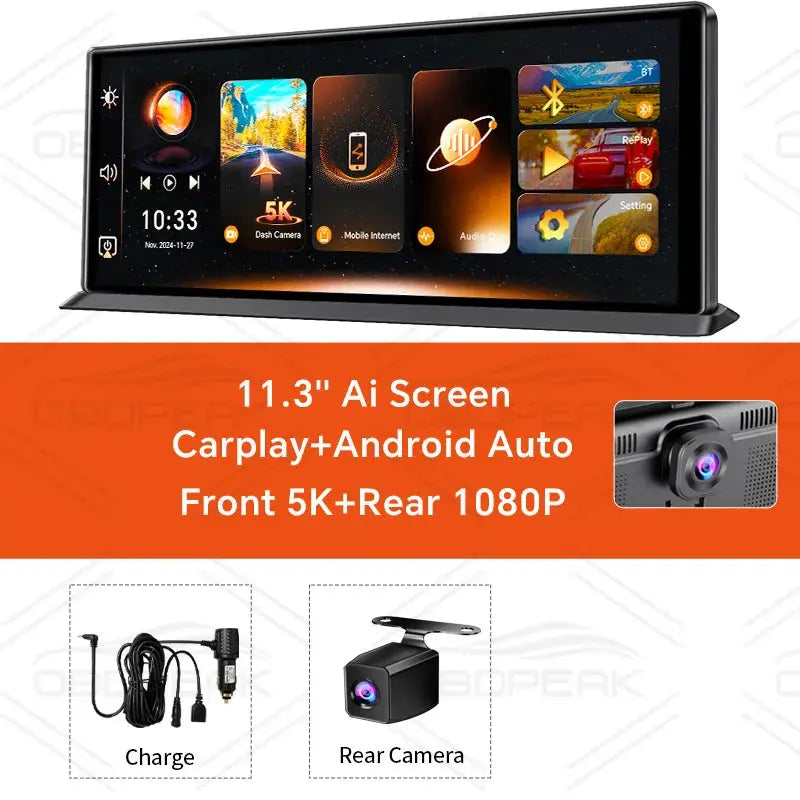 OBDPEAK K8 Pro dash cam with 11.3-inch AI touchscreen, front 5K + rear 1080P, CarPlay & Android Auto, GPS navigation