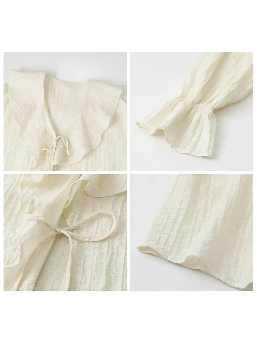 Cream CHIC VEN women's loose blouse with ruffled edges, V-neck lace-up and bow accents, Simples Market