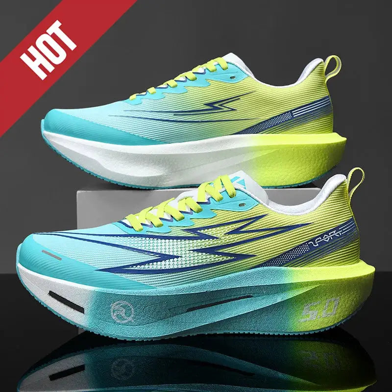 Running sneakers by Simples Market, turquoise gradient with neon lime sole and AirCushion, two sneakers