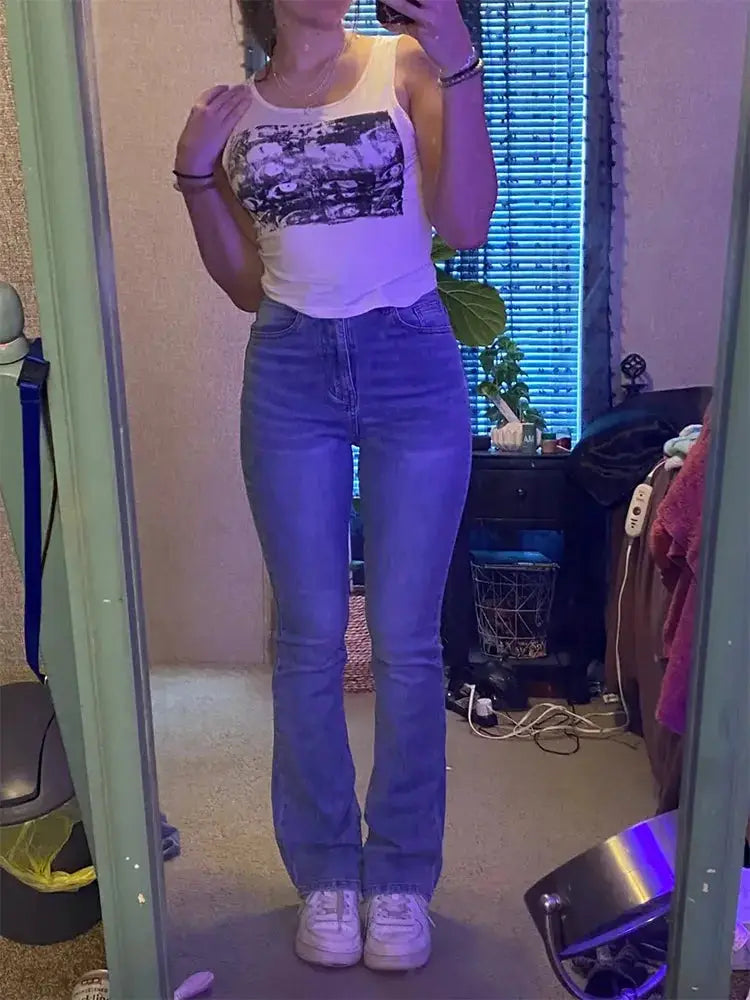 Women Flare Jeans High Waist Moustache Wash Denim Bell Bottom Y2K