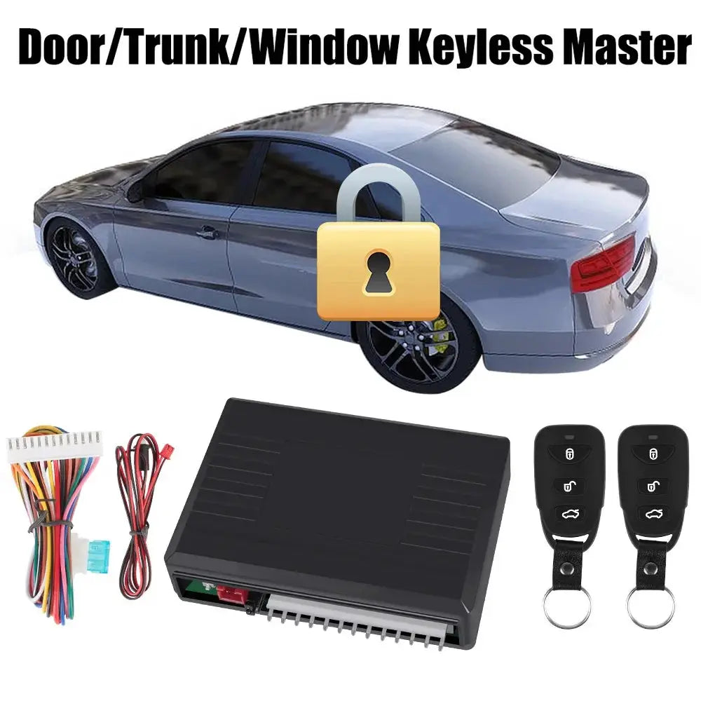 Car remote keyless entry alarm kit with control module, wiring harness, and two key fobs