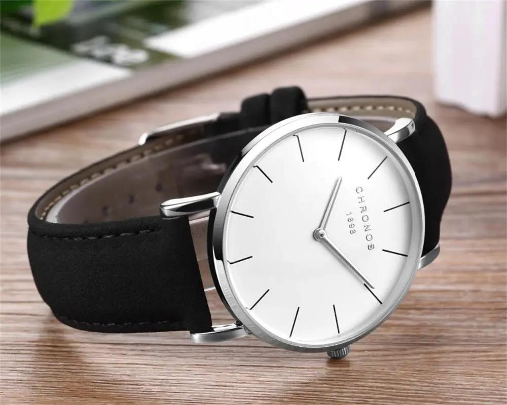 CHRONOS unisex wristwatch with white minimalist dial and black leather strap