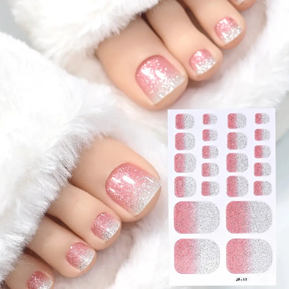 Toe nail sticker wraps; pink-to-silver glitter gradient, full-coverage self-adhesive decals for nails