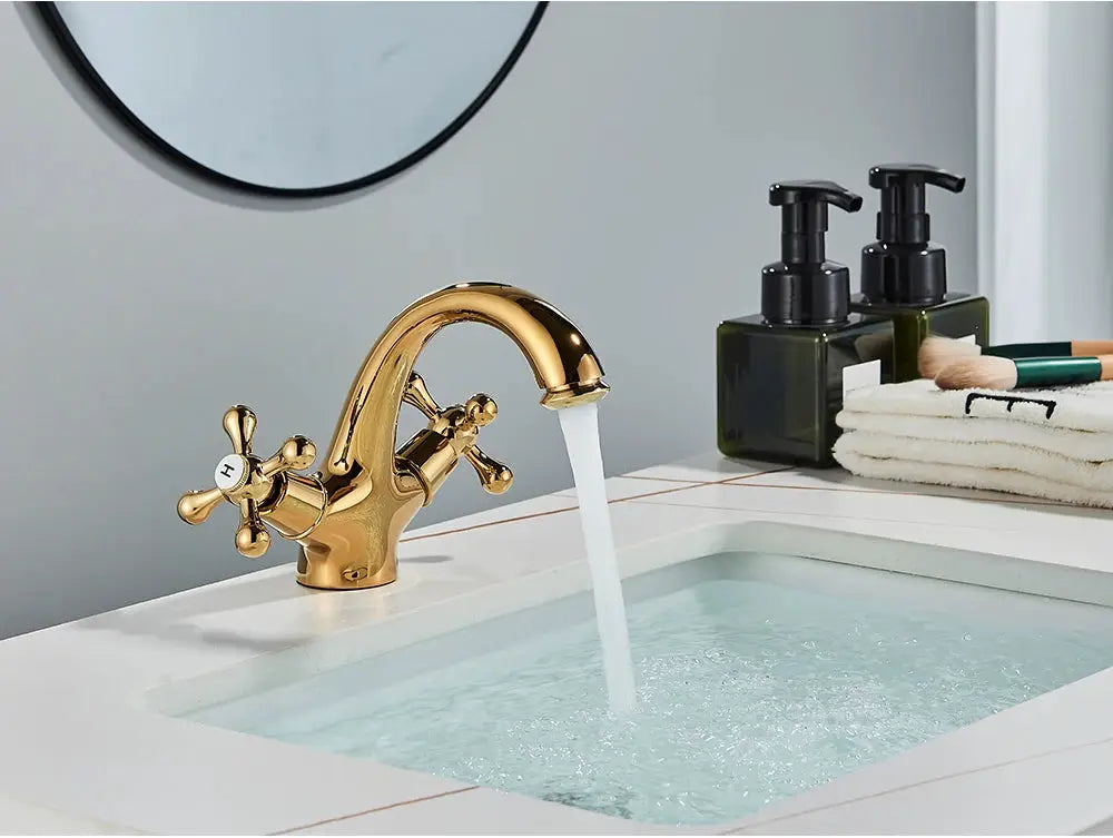 Antique gold deck-mounted bathroom faucet with two cross handles by Simples Market POIQIHY mixer.