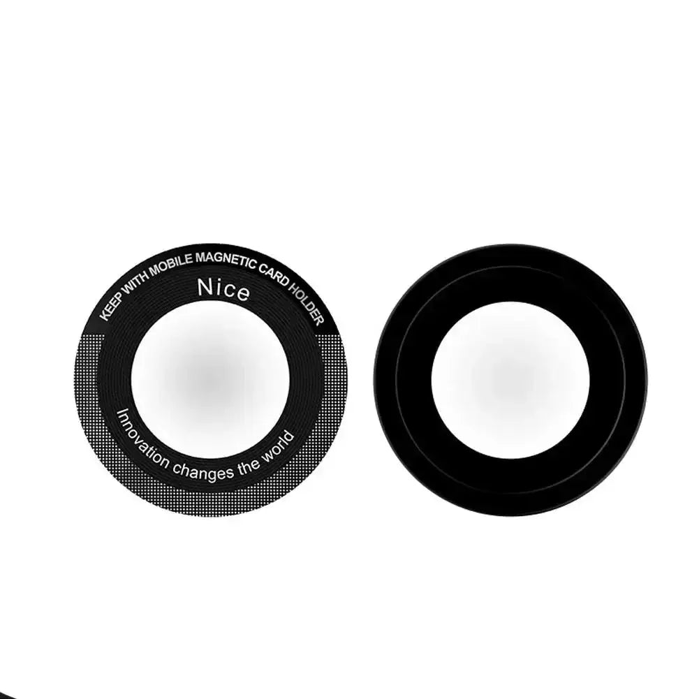MagSafe magnetic plate rings; two pieces—one printed with text, one plain black metal plate for wireless charging car holder