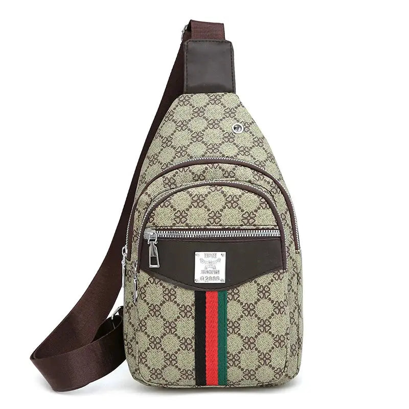 Men's crossbody messenger bag by Simples Market in beige monogram fabric with brown trim, front zip pockets, earphone hole
