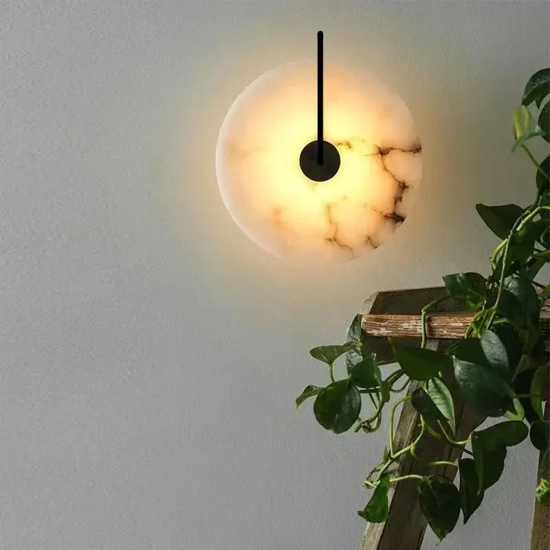 Nordic marble moon wall sconce with LED, warm glow, black vertical stem