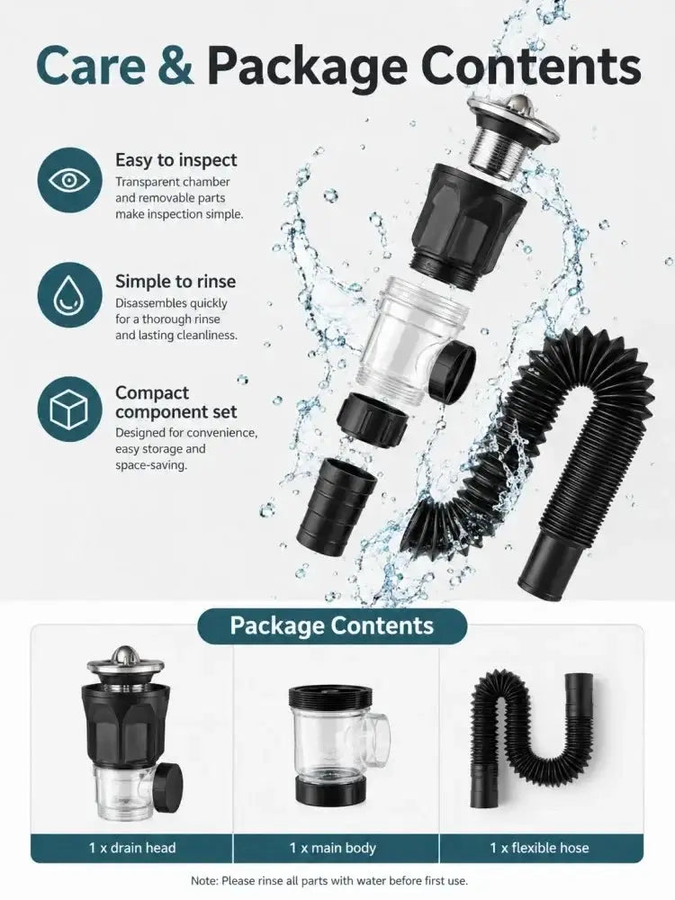 3-piece bathroom sink drain kit by Simples Market with ABS body, stainless steel top outlet, and flexible hose