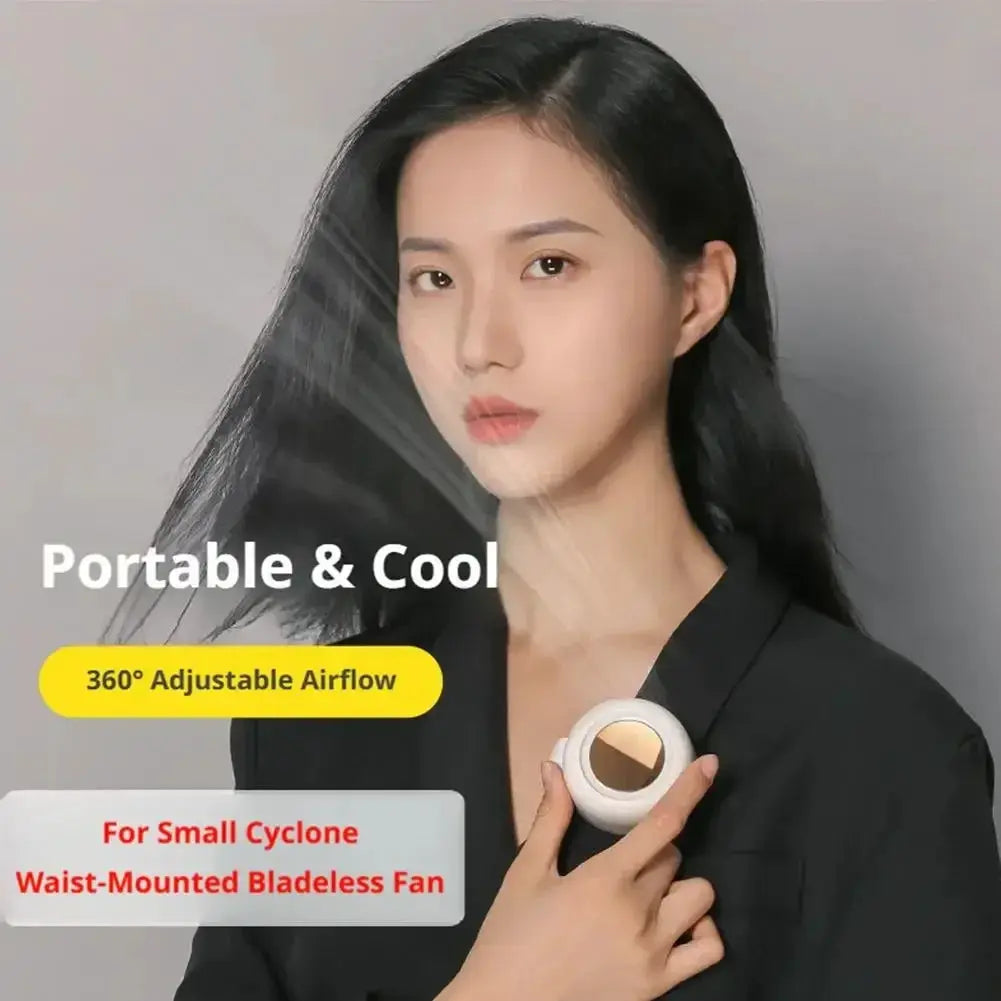 Portable bladeless clip-on fan, circular handheld design with 3-speed adjustable airflow for outdoor cooling