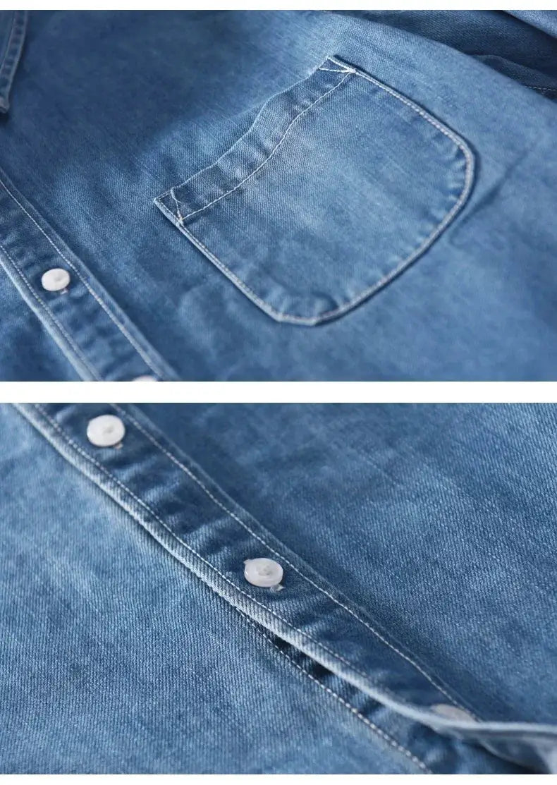 Simples Market denim shirt for men, light blue 100% cotton, long sleeves with chest pocket and white buttons