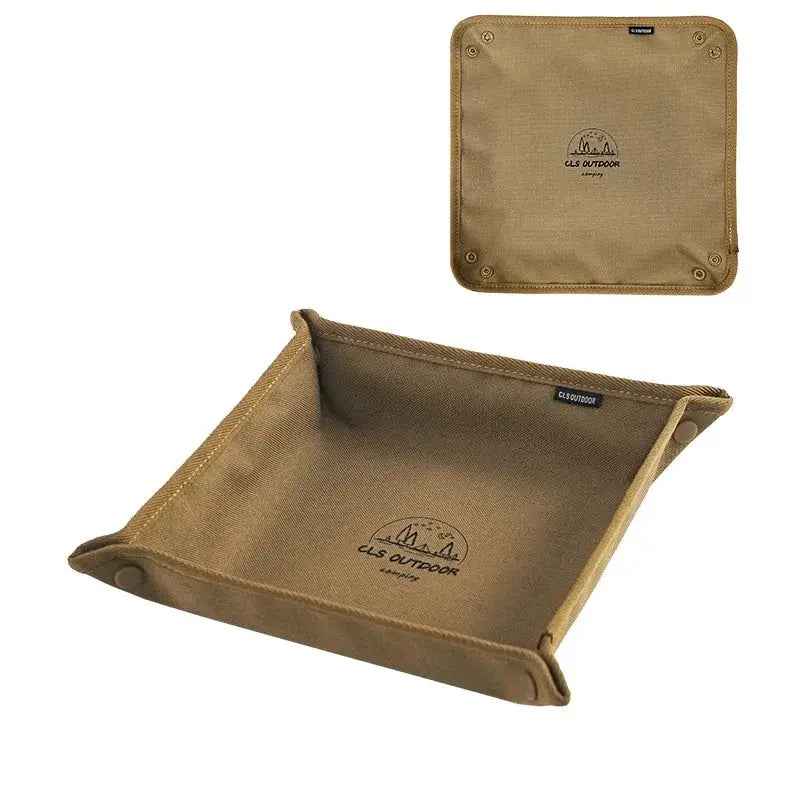 Tan canvas portable camping organizer tray with snap corners for clutter-free storage