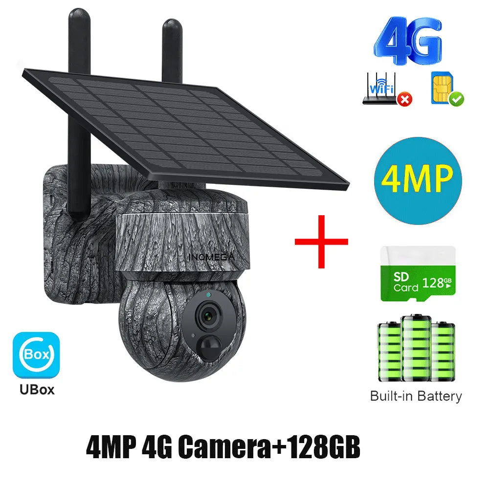 INOMEGA solar PTZ security camera with camouflage housing, 4MP, 4G/WiFi, built-in battery, and 128GB SD card