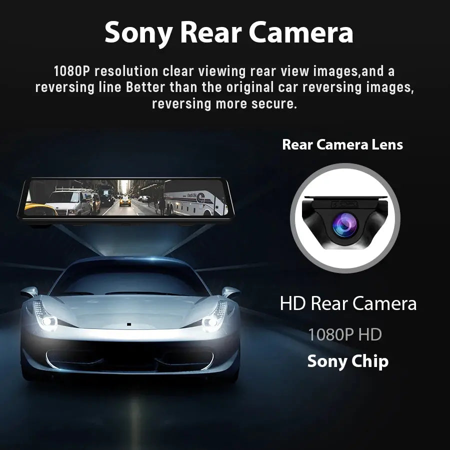 E-ACE 12-inch WiFi dashcam rearview mirror with Sony 1080p rear camera