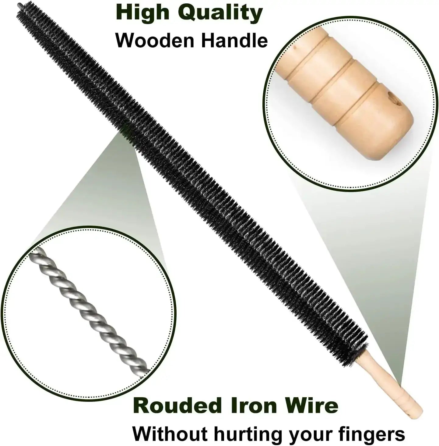 Flexible long pipeline cleaning brush with wooden handle and black bristles, plus twisted metal wire accessory
