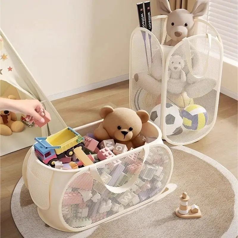 Portable large-capacity white mesh toy organizer bin by Simples Market; two bins shown with plush toys.