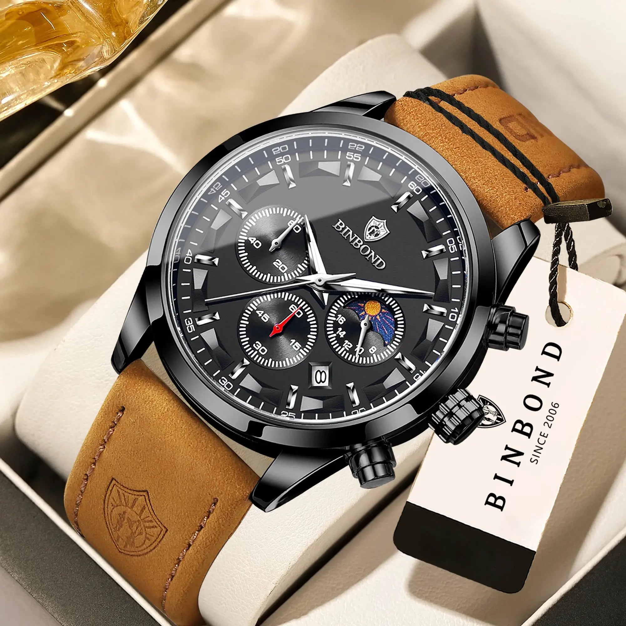 Binbond men's luxury chronograph watch with black dial and tan leather strap.