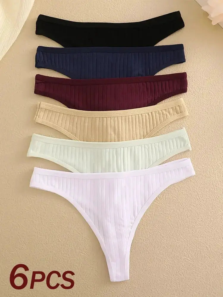 Simples Market six-piece set of low-rise ribbed cotton thong panties in black, navy, burgundy, beige, light blue, lavender