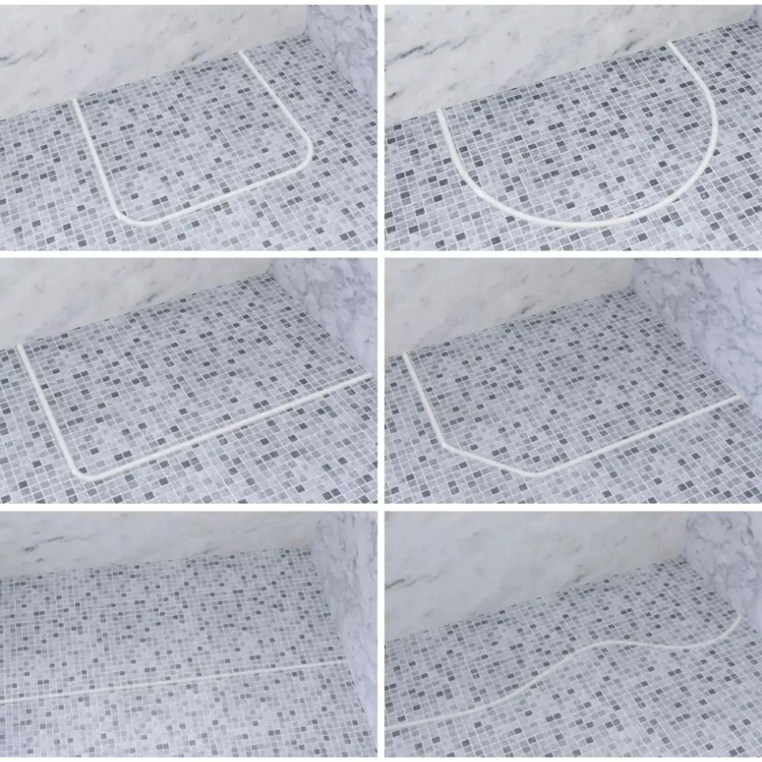 Simples Market Collapsible Shower Water Dam barrier, white flexible silicone strip on mosaic tiled shower floor