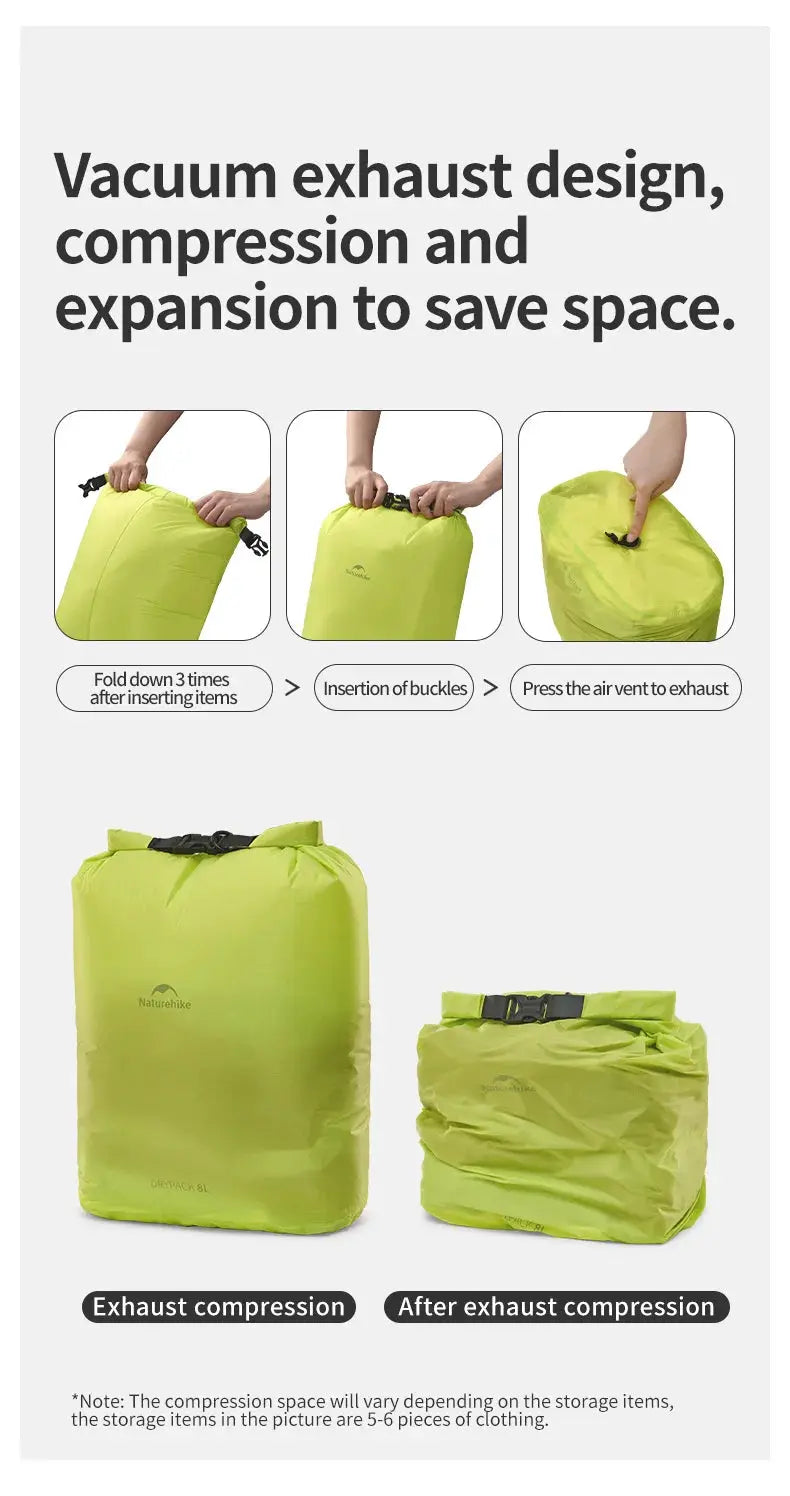 Naturehike vacuum compression storage bags, lime green, waterproof, 2-pack with rolled design.