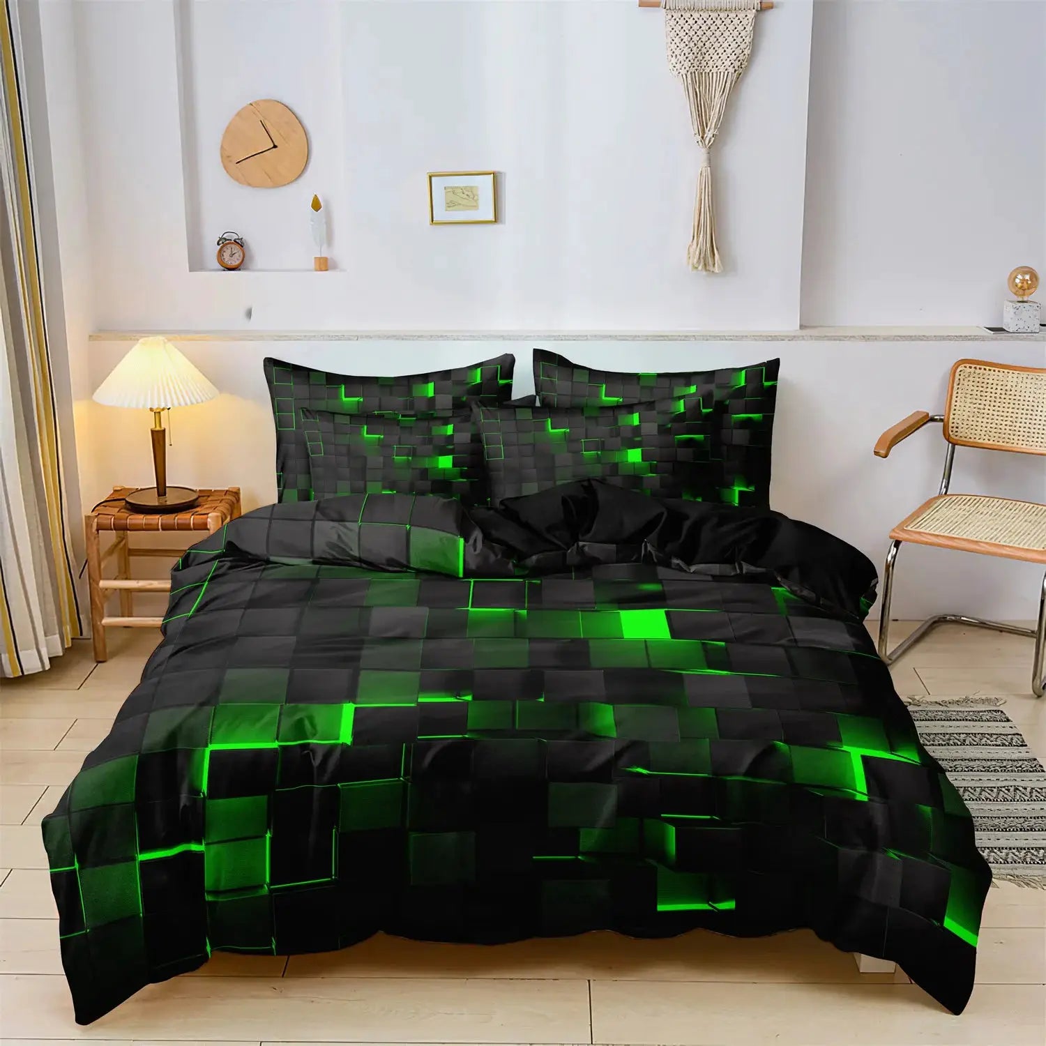 3pc duvet cover bedding set in black and green geometric grid pattern; includes duvet cover and two pillowcases