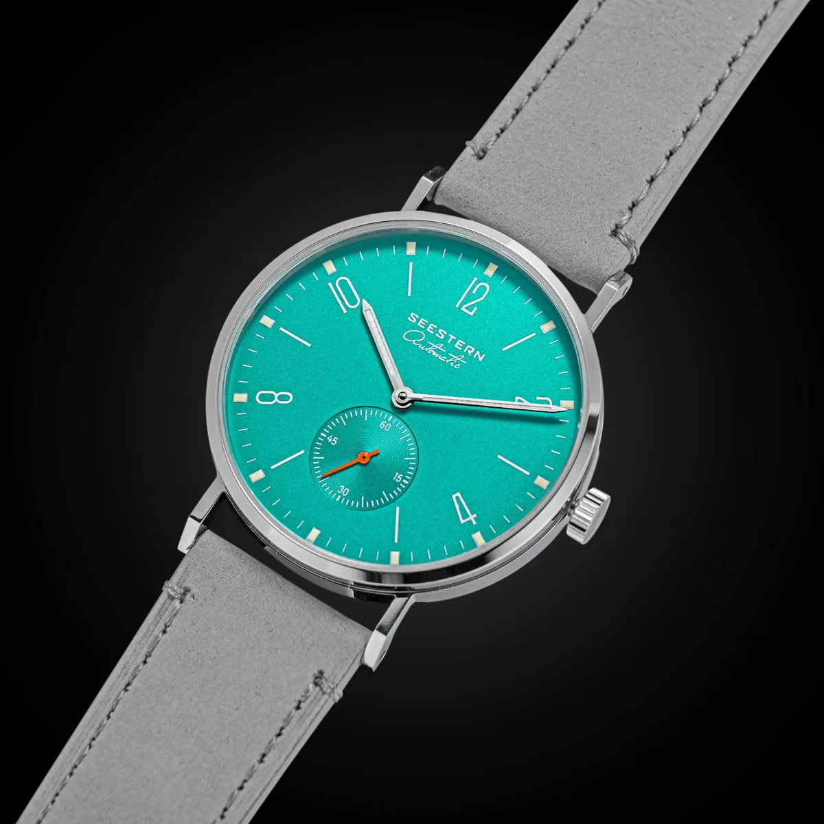 Seestern men's automatic watch with teal dial, stainless steel case, gray leather strap