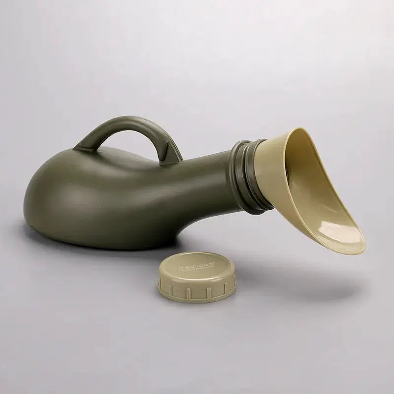 Portable urinal bottle by Simples Market, olive green plastic with beige funnel spout and cap for travel camping